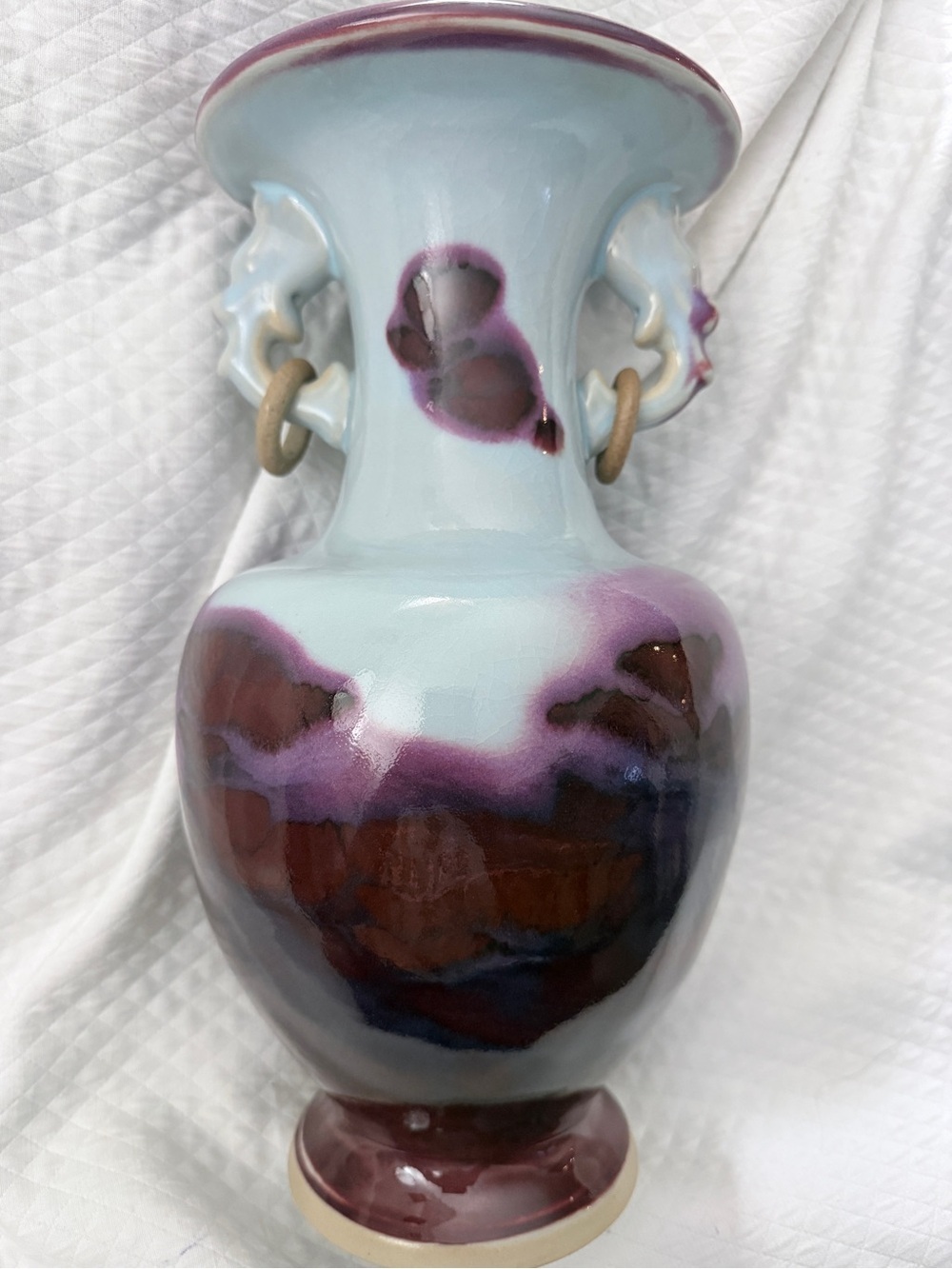 Chinese Jun Ware Flambé Glazed Vase with Dragon Ring Handles - Wuyi Kiln Mark